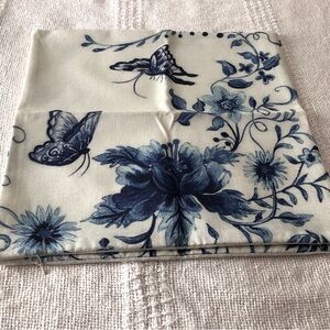 Rustic Linen Shades of Blue Floral and Butterfly Print Fabric